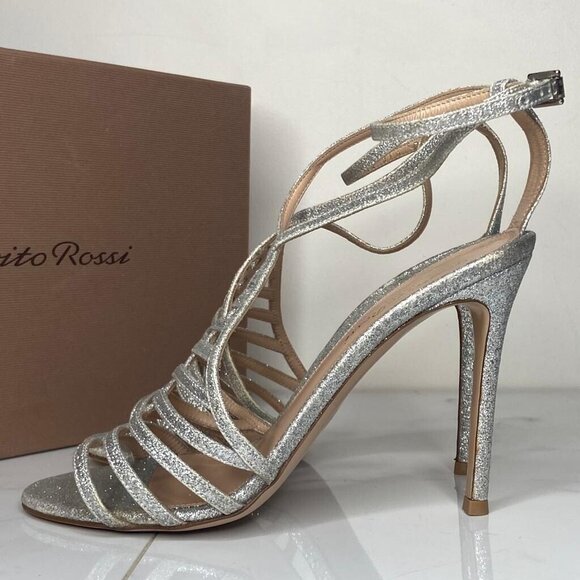 Gianvito Rossi VEGA Bright Silver Glitter Caged High Heel Sandals 100mm - Picture 8 of 13
